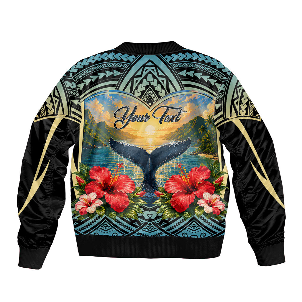 Personalized Masefau American Samoa Whale Sleeve Zip Bomber Jacket Polynesian Tribal Pattern Tropical Hibiscus