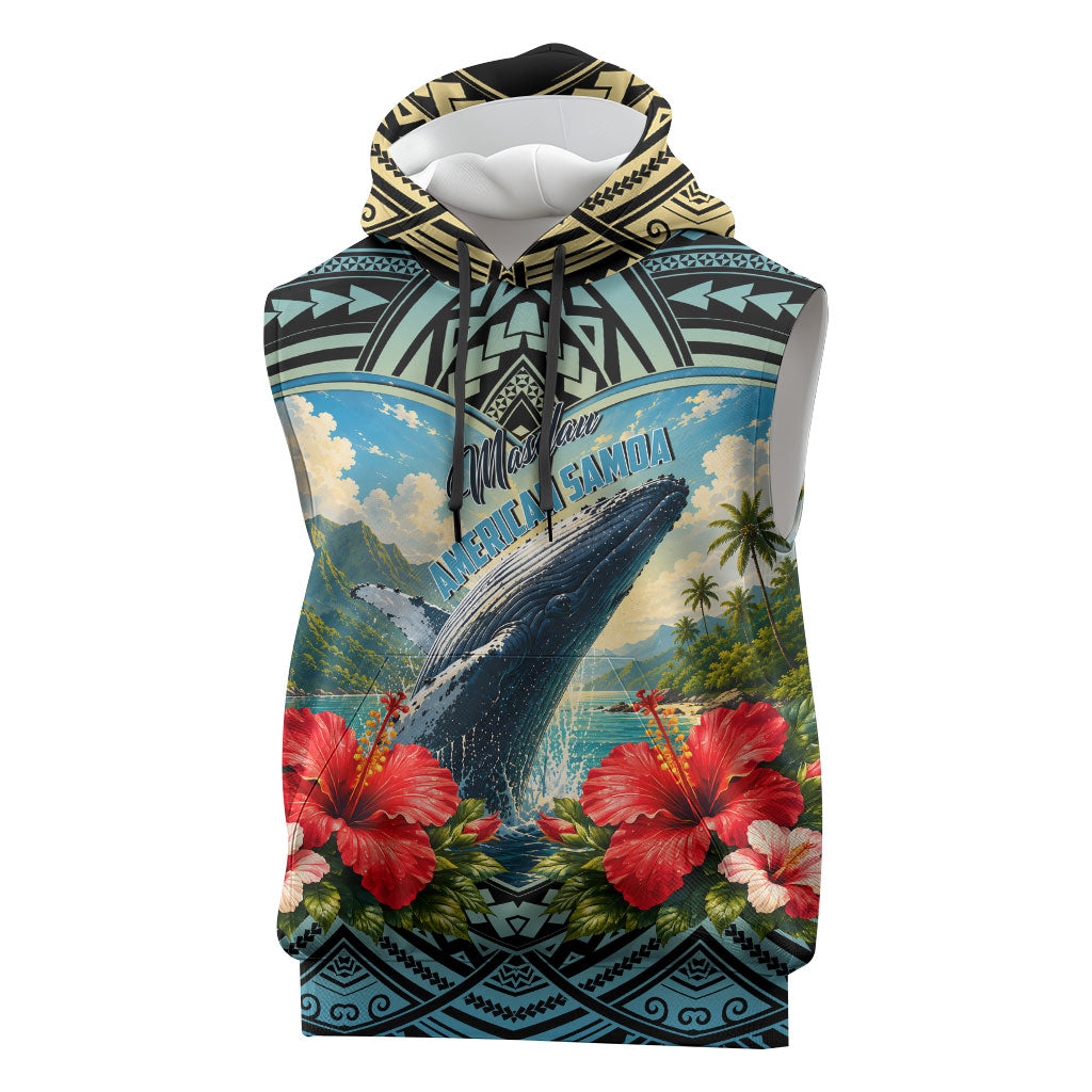 Personalized Masefau American Samoa Whale Sleeveless Hoodie Polynesian Tribal Pattern Tropical Hibiscus