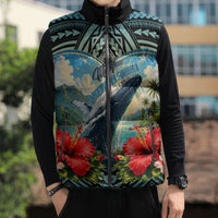 Personalized Masefau American Samoa Whale Sleeveless Puffer Jacket Polynesian Tribal Pattern Tropical Hibiscus