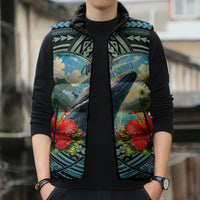 Personalized Masefau American Samoa Whale Sleeveless Puffer Jacket Polynesian Tribal Pattern Tropical Hibiscus