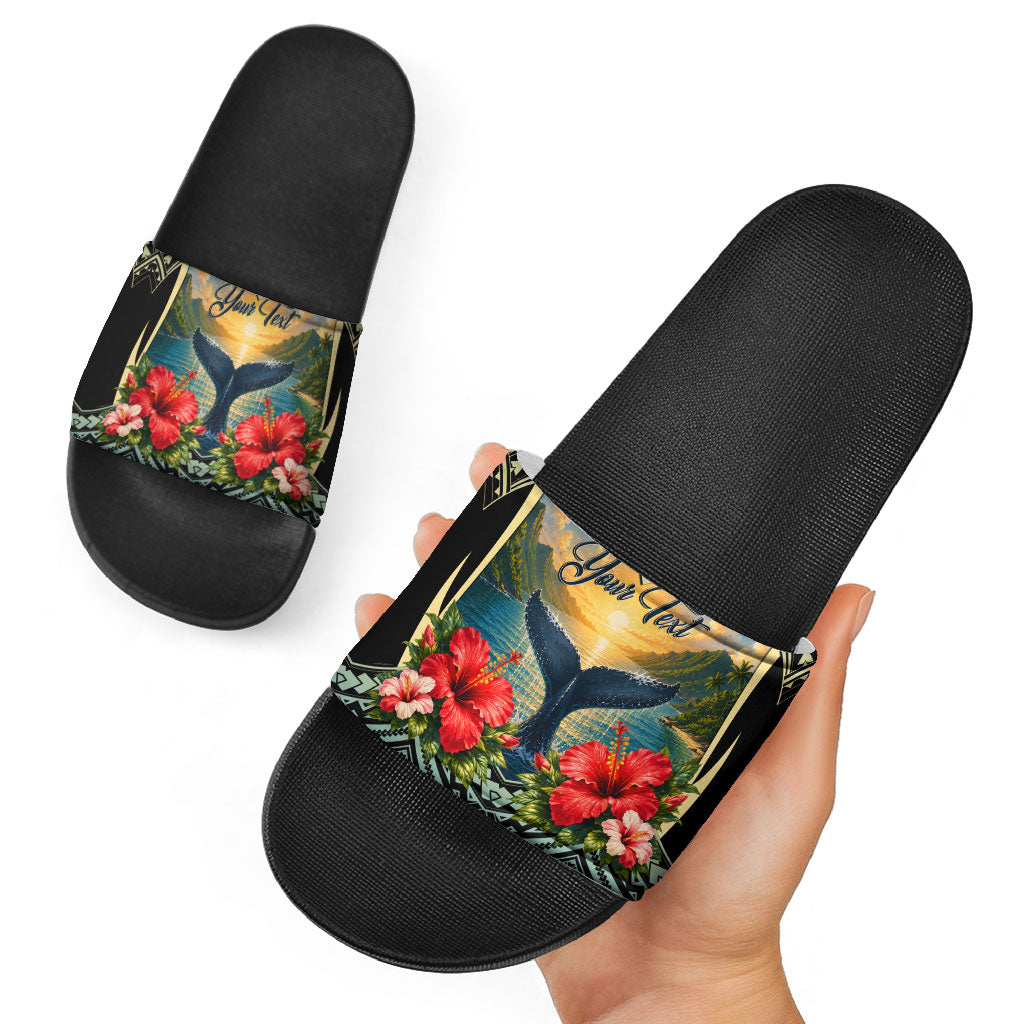Personalized Masefau American Samoa Whale Slide Sandals Polynesian Tribal Pattern Tropical Hibiscus
