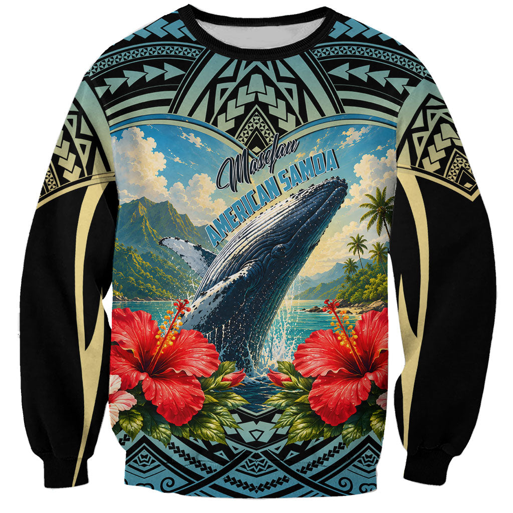 Personalized Masefau American Samoa Whale Sweatshirt Polynesian Tribal Pattern Tropical Hibiscus TS04 Unisex Black Blue - Polynesian Pride