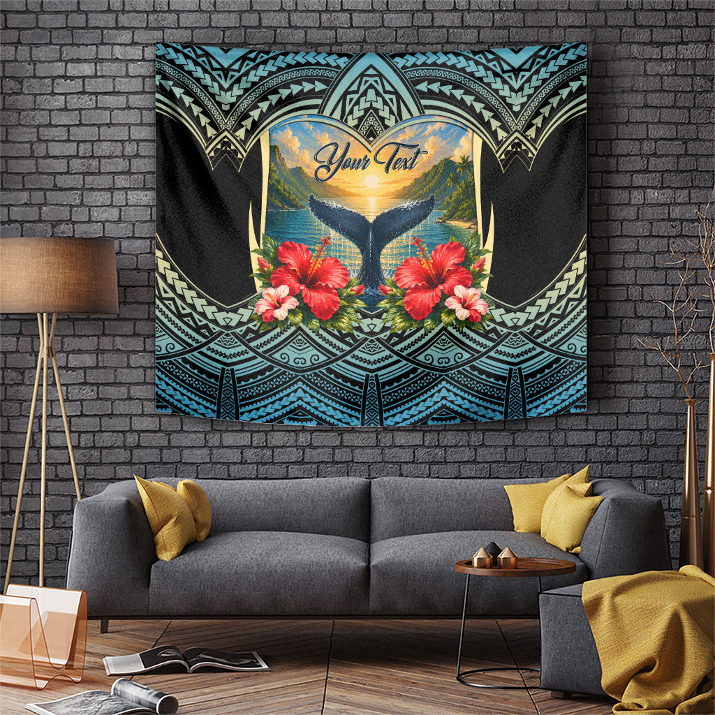 Personalized Masefau American Samoa Whale Tapestry Polynesian Tribal Pattern Tropical Hibiscus TS04 Black Blue - Polynesian Pride