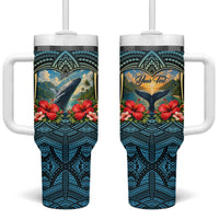 Personalized Masefau American Samoa Whale Tumbler With Handle Polynesian Tribal Pattern Tropical Hibiscus