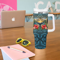 Personalized Masefau American Samoa Whale Tumbler With Handle Polynesian Tribal Pattern Tropical Hibiscus