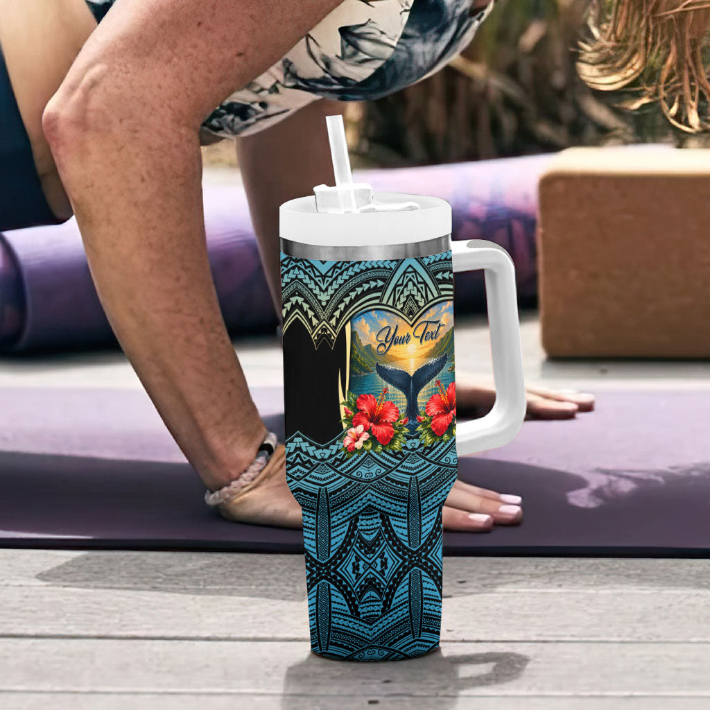 Personalized Masefau American Samoa Whale Tumbler With Handle Polynesian Tribal Pattern Tropical Hibiscus