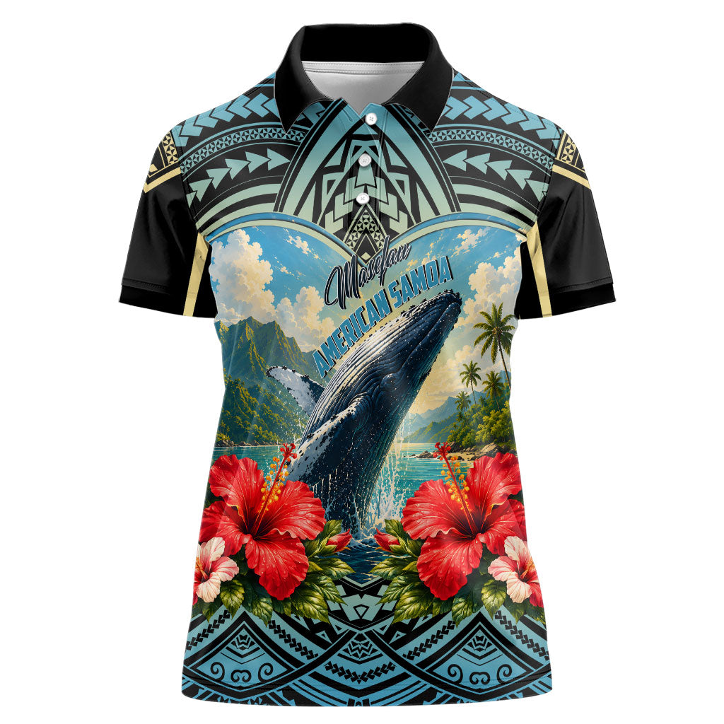 Personalized Masefau American Samoa Whale Women Polo Shirt Polynesian Tribal Pattern Tropical Hibiscus