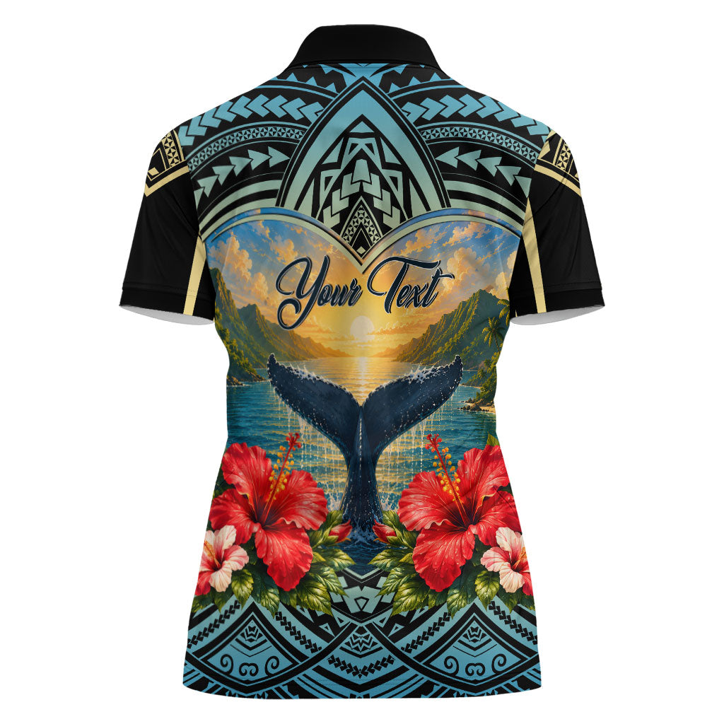 Personalized Masefau American Samoa Whale Women Polo Shirt Polynesian Tribal Pattern Tropical Hibiscus
