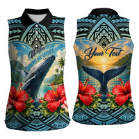 Personalized Masefau American Samoa Whale Women Sleeveless Polo Shirt Polynesian Tribal Pattern Tropical Hibiscus