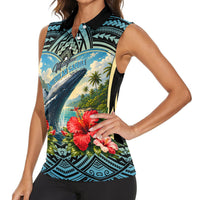 Personalized Masefau American Samoa Whale Women Sleeveless Polo Shirt Polynesian Tribal Pattern Tropical Hibiscus