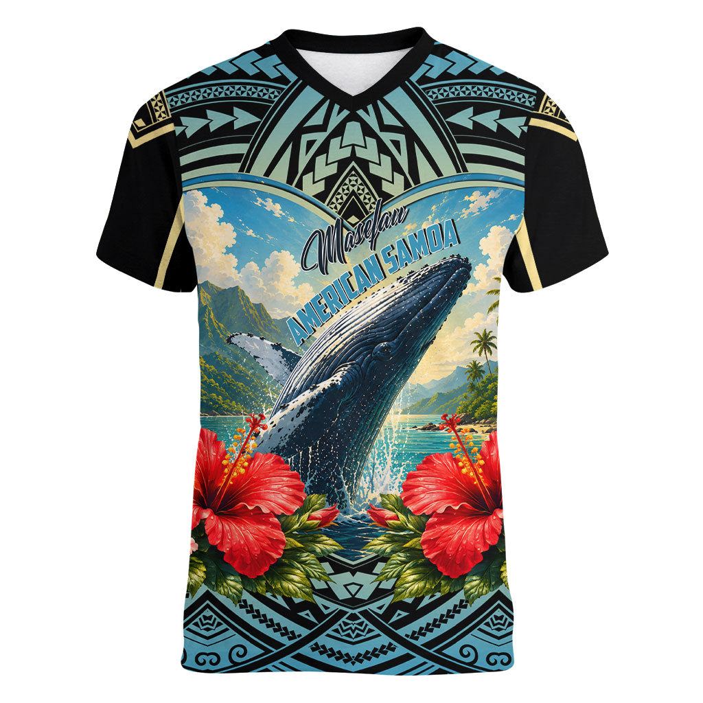 Personalized Masefau American Samoa Whale Women V-Neck T-Shirt Polynesian Tribal Pattern Tropical Hibiscus