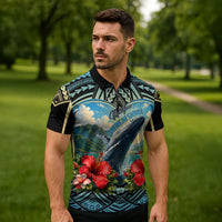 Personalized Masefau American Samoa Whale Zipper Polo Shirt Polynesian Tribal Pattern Tropical Hibiscus