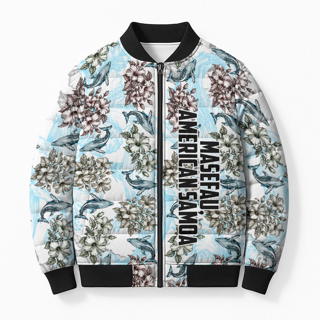 Personalized Masefau American Samoa Bomber Puffer Jacket Vintage Whale Hibiscus Ocean Waves