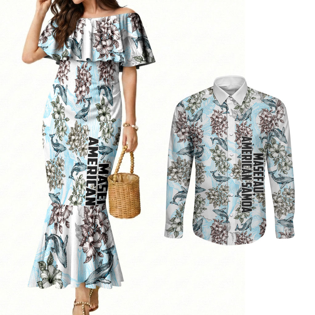 Personalized Masefau American Samoa Couples Matching Mermaid Dress and Long Sleeve Button Shirt Vintage Whale Hibiscus Ocean Waves