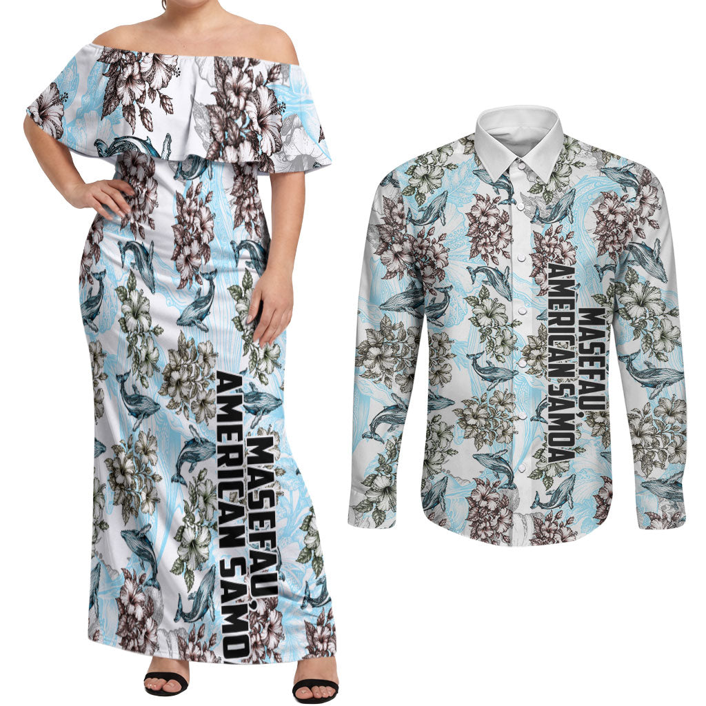 Personalized Masefau American Samoa Couples Matching Off Shoulder Maxi Dress and Long Sleeve Button Shirt Vintage Whale Hibiscus Ocean Waves