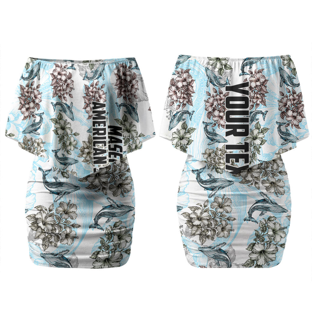 Personalized Masefau American Samoa Couples Matching Off Shoulder Short Dress and Long Sleeve Button Shirt Vintage Whale Hibiscus Ocean Waves