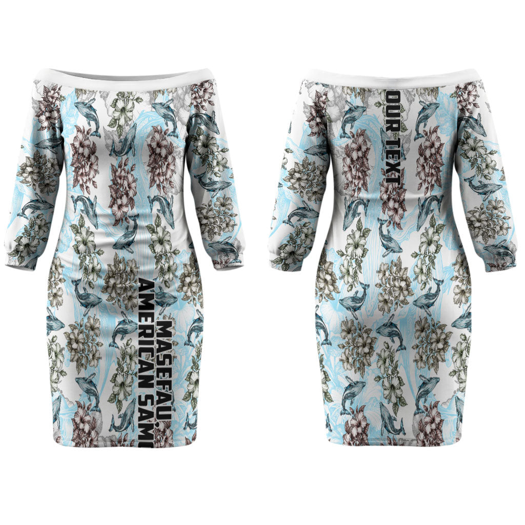 Personalized Masefau American Samoa Couples Matching Off The Shoulder Long Sleeve Dress and Long Sleeve Button Shirt Vintage Whale Hibiscus Ocean Waves