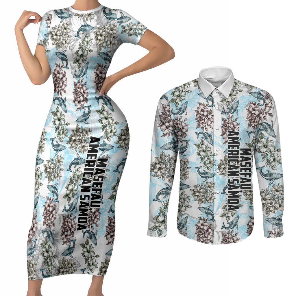 Personalized Masefau American Samoa Couples Matching Short Sleeve Bodycon Dress and Long Sleeve Button Shirt Vintage Whale Hibiscus Ocean Waves TS04 White Blue - Polynesian Pride