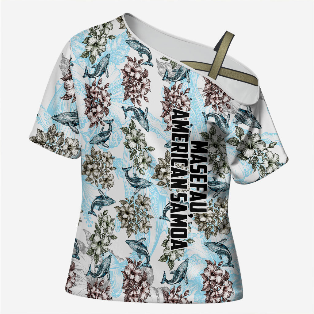Personalized Masefau American Samoa Cross Shoulder Shirt Vintage Whale Hibiscus Ocean Waves