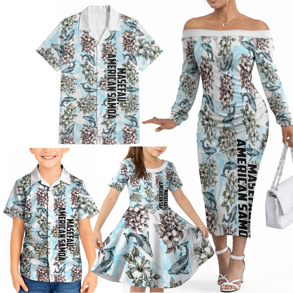 Personalized Masefau American Samoa Family Matching Off The Shoulder Long Sleeve Dress and Hawaiian Shirt Vintage Whale Hibiscus Ocean Waves