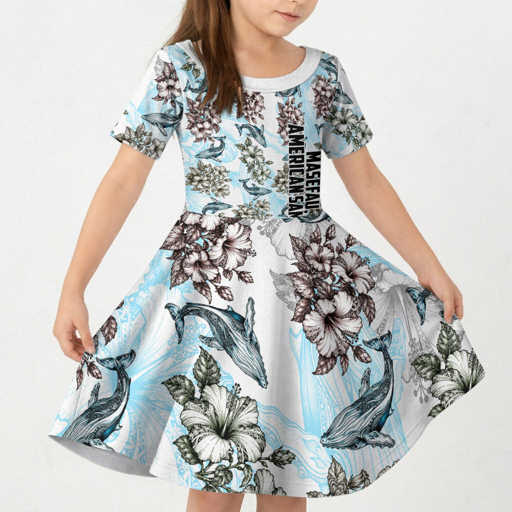 Personalized Masefau American Samoa Kid Short Sleeve Dress Vintage Whale Hibiscus Ocean Waves