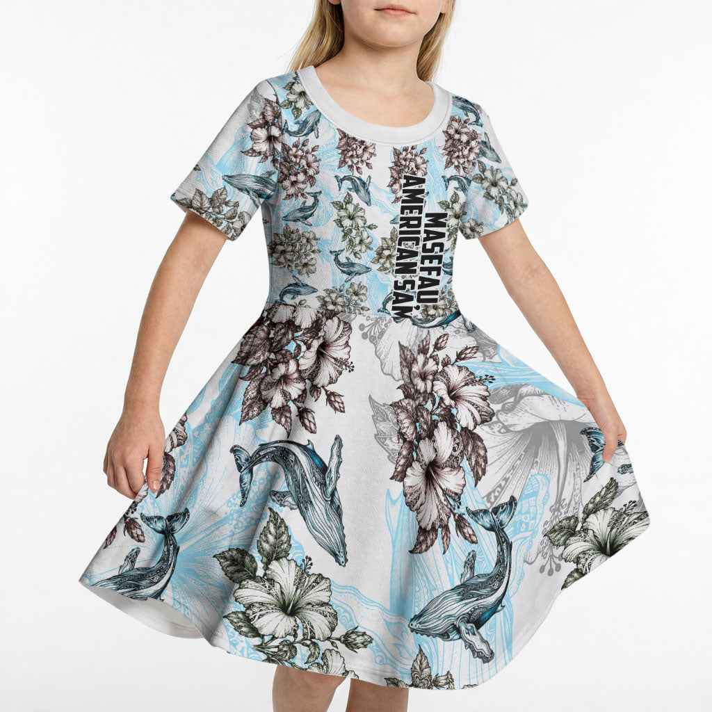 Personalized Masefau American Samoa Kid Short Sleeve Dress Vintage Whale Hibiscus Ocean Waves