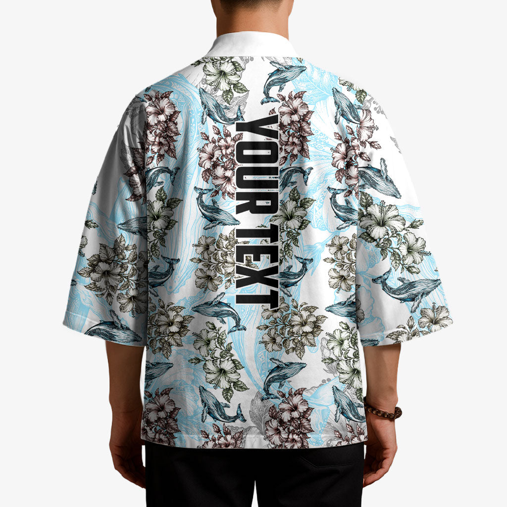 Personalized Masefau American Samoa Kimono Vintage Whale Hibiscus Ocean Waves
