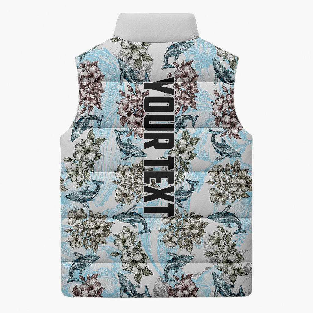 Personalized Masefau American Samoa Sleeveless Puffer Jacket Vintage Whale Hibiscus Ocean Waves