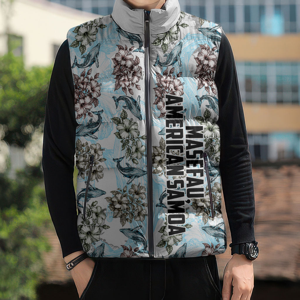 Personalized Masefau American Samoa Sleeveless Puffer Jacket Vintage Whale Hibiscus Ocean Waves