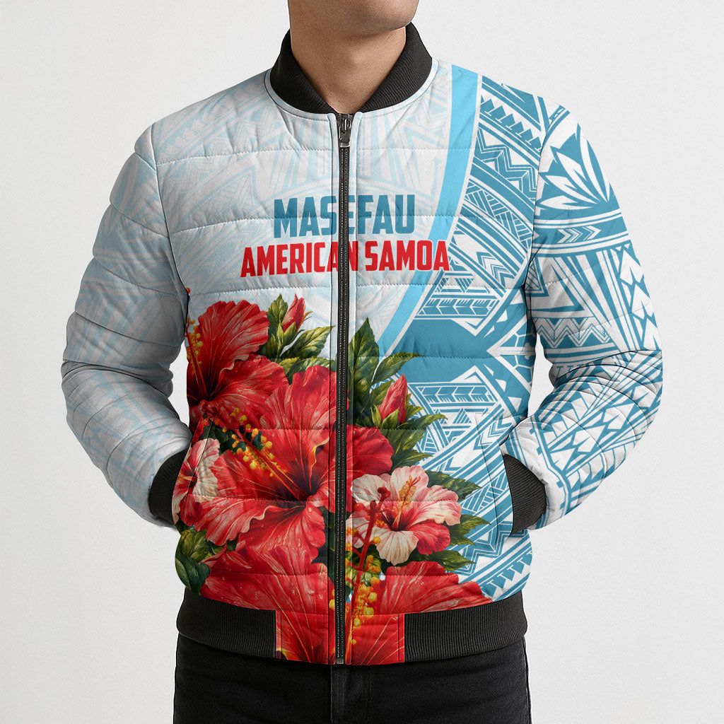 Personalized American Samoa Masefau Bomber Puffer Jacket Hibiscus Tropical Floral Whale Polynesian Tribal Pattern
