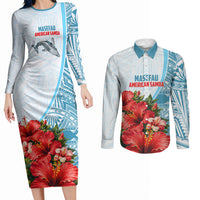 Personalized American Samoa Masefau Couples Matching Long Sleeve Bodycon Dress and Long Sleeve Button Shirt Hibiscus Tropical Floral Whale Polynesian Tribal Pattern