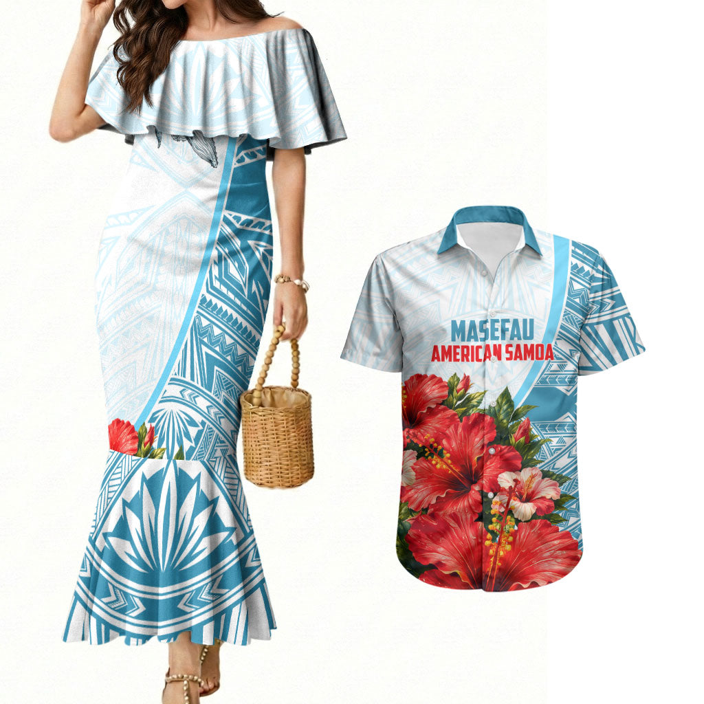 Personalized American Samoa Masefau Couples Matching Mermaid Dress and Hawaiian Shirt Hibiscus Tropical Floral Whale Polynesian Tribal Pattern TS04 White Blue - Polynesian Pride