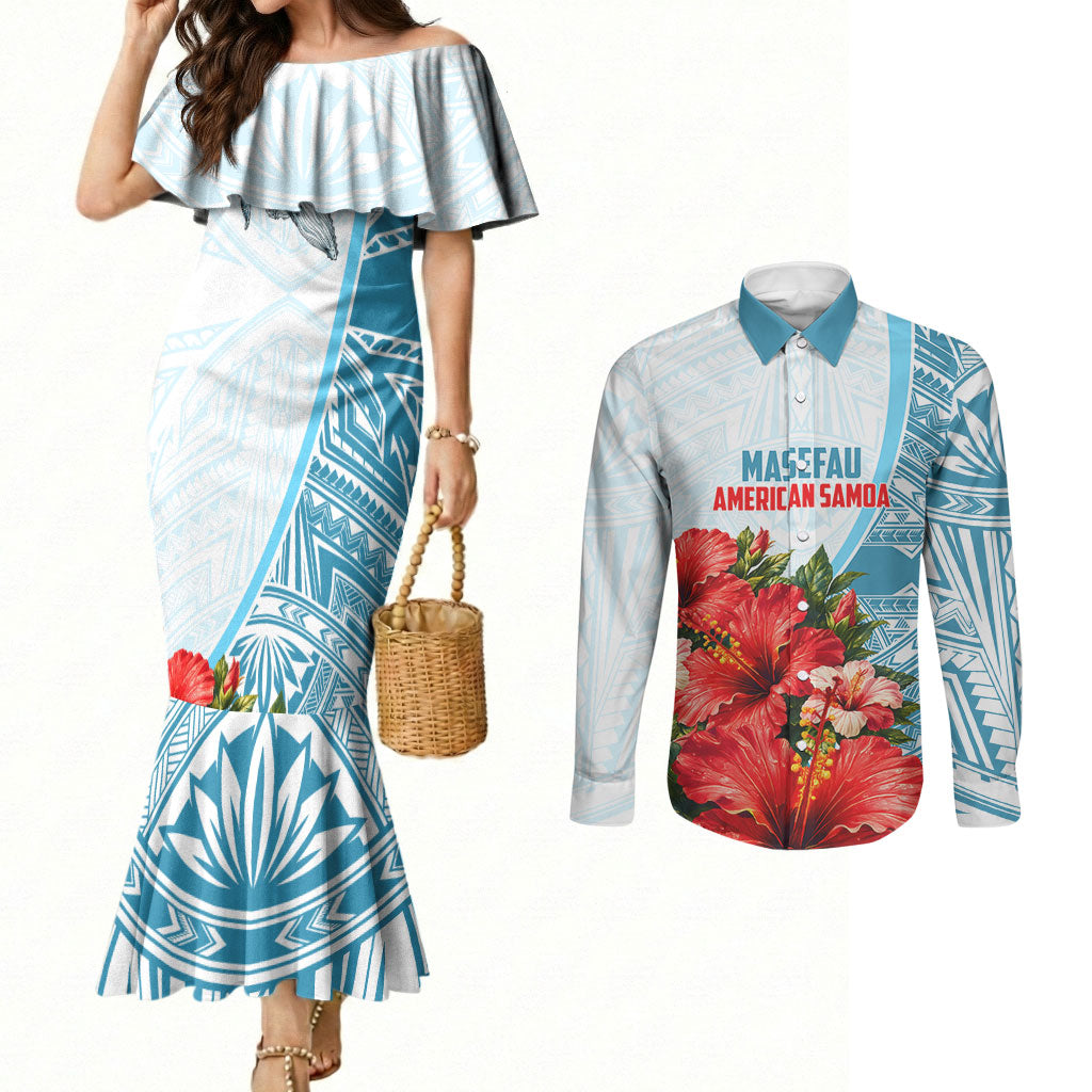 Personalized American Samoa Masefau Couples Matching Mermaid Dress and Long Sleeve Button Shirt Hibiscus Tropical Floral Whale Polynesian Tribal Pattern