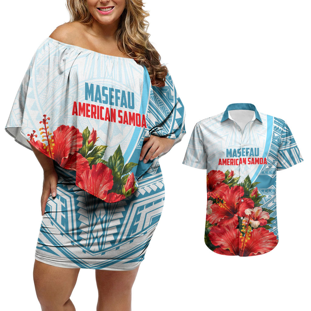 Personalized American Samoa Masefau Couples Matching Off Shoulder Short Dress and Hawaiian Shirt Hibiscus Tropical Floral Whale Polynesian Tribal Pattern