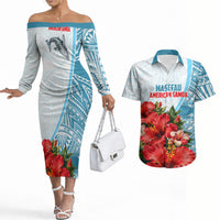 Personalized American Samoa Masefau Couples Matching Off The Shoulder Long Sleeve Dress and Hawaiian Shirt Hibiscus Tropical Floral Whale Polynesian Tribal Pattern