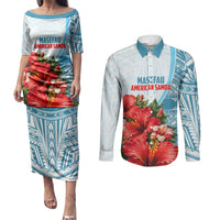 Personalized American Samoa Masefau Couples Matching Puletasi and Long Sleeve Button Shirt Hibiscus Tropical Floral Whale Polynesian Tribal Pattern