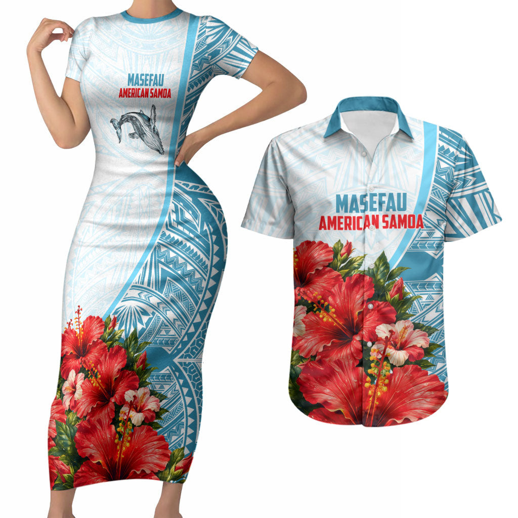 Personalized American Samoa Masefau Couples Matching Short Sleeve Bodycon Dress and Hawaiian Shirt Hibiscus Tropical Floral Whale Polynesian Tribal Pattern