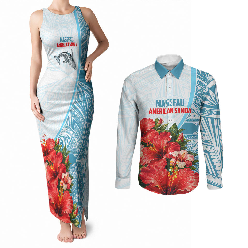 Personalized American Samoa Masefau Couples Matching Tank Maxi Dress and Long Sleeve Button Shirt Hibiscus Tropical Floral Whale Polynesian Tribal Pattern