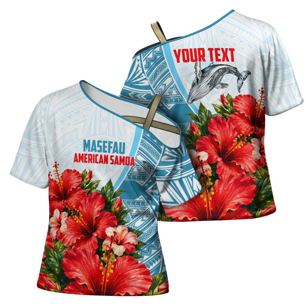 Personalized American Samoa Masefau Cross Shoulder Shirt Hibiscus Tropical Floral Whale Polynesian Tribal Pattern