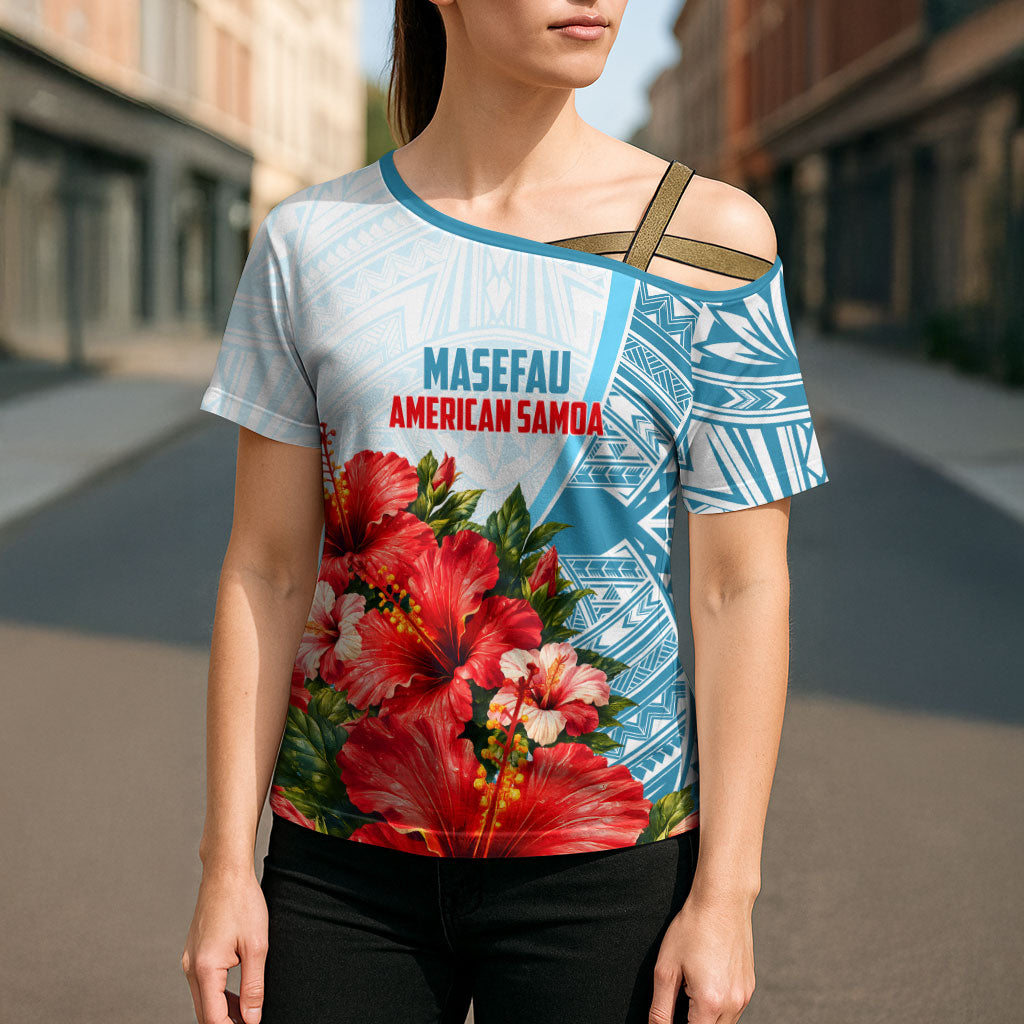 Personalized American Samoa Masefau Cross Shoulder Shirt Hibiscus Tropical Floral Whale Polynesian Tribal Pattern