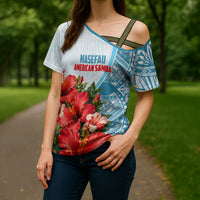 Personalized American Samoa Masefau Cross Shoulder Shirt Hibiscus Tropical Floral Whale Polynesian Tribal Pattern