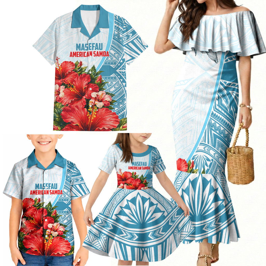 Personalized American Samoa Masefau Family Matching Mermaid Dress and Hawaiian Shirt Hibiscus Tropical Floral Whale Polynesian Tribal Pattern