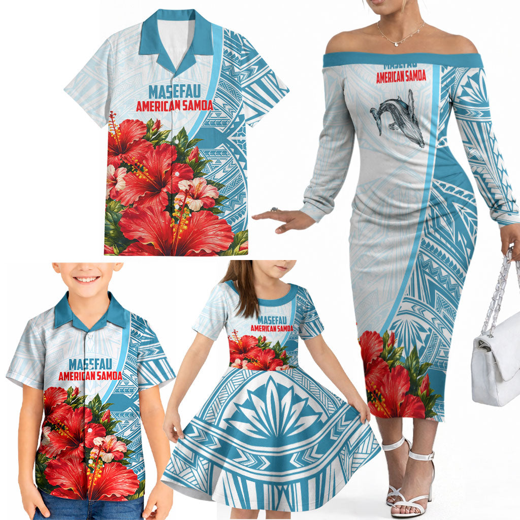 Personalized American Samoa Masefau Family Matching Off The Shoulder Long Sleeve Dress and Hawaiian Shirt Hibiscus Tropical Floral Whale Polynesian Tribal Pattern