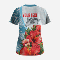 Personalized American Samoa Masefau Scrub Top Hibiscus Tropical Floral Whale Polynesian Tribal Pattern