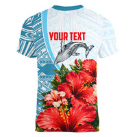 Personalized American Samoa Masefau Women V-Neck T-Shirt Hibiscus Tropical Floral Whale Polynesian Tribal Pattern