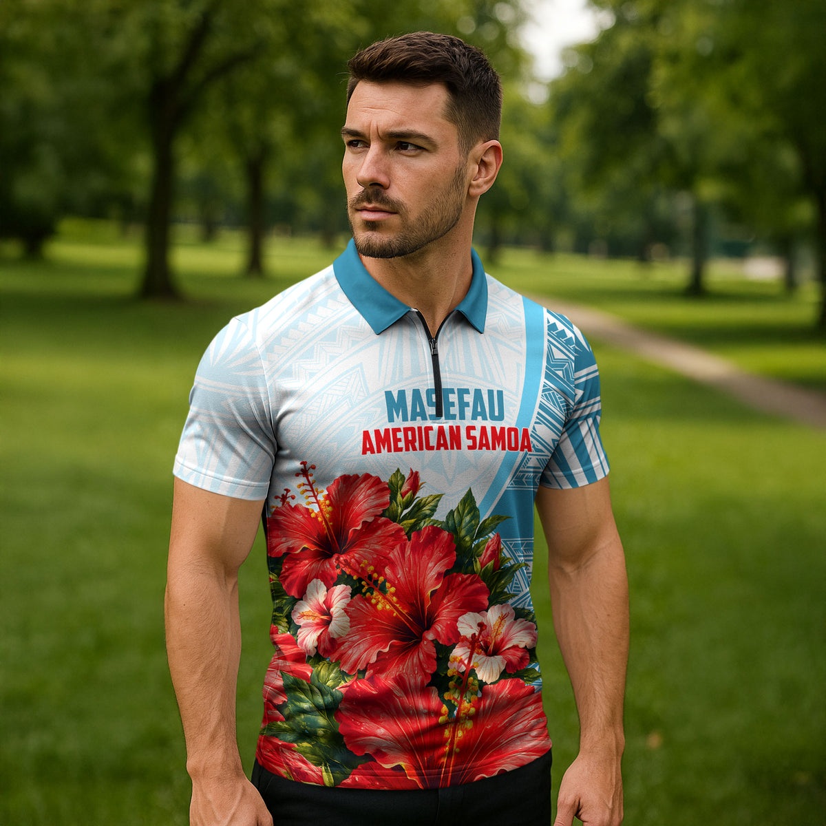 Personalized American Samoa Masefau Zipper Polo Shirt Hibiscus Tropical Floral Whale Polynesian Tribal Pattern