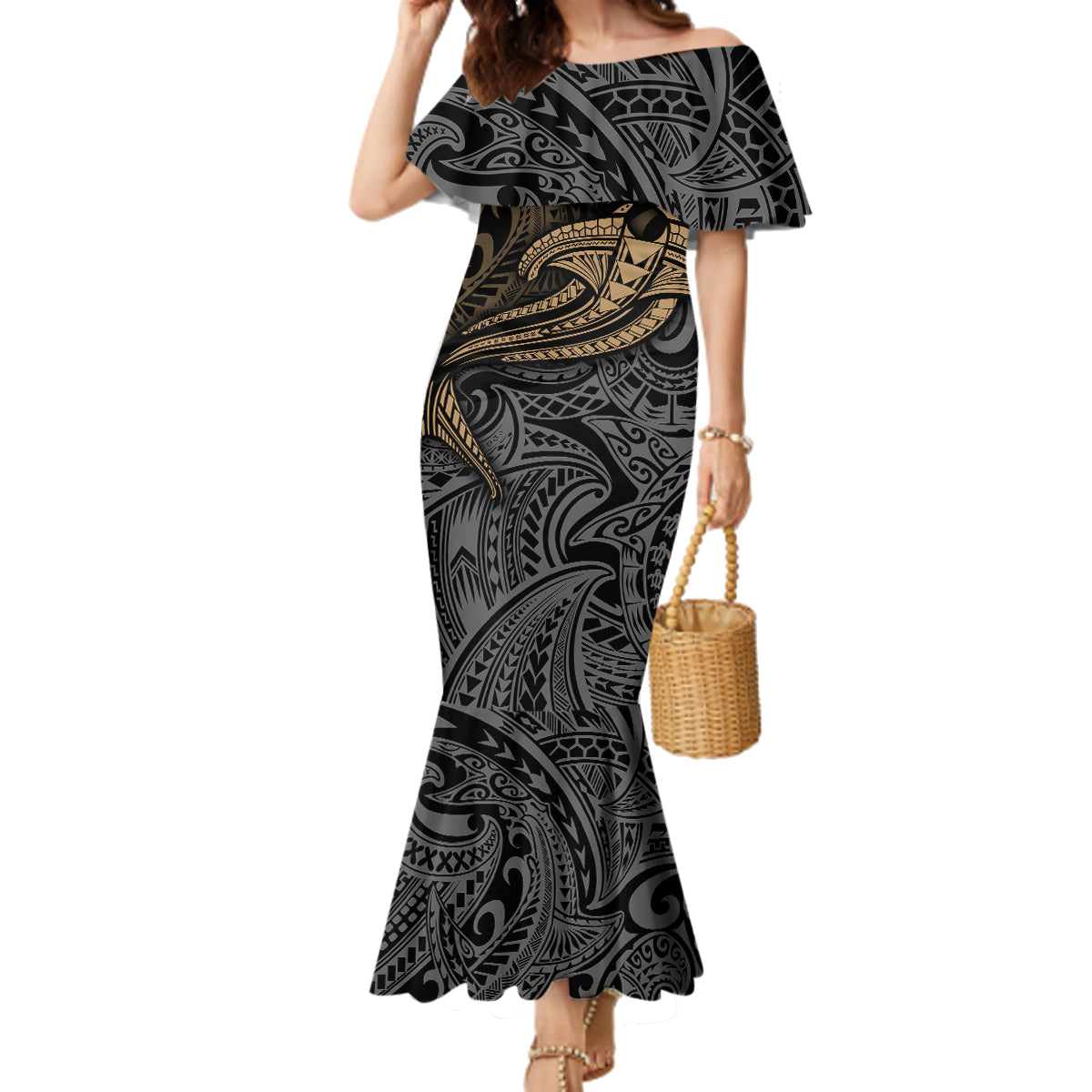 Polynesian Family Matching Mermaid Dress and Hawaiian Shirt Hammerhead Shark Tribal Pattern TS04 Mom's Dress Black Yellow - Polynesian Pride