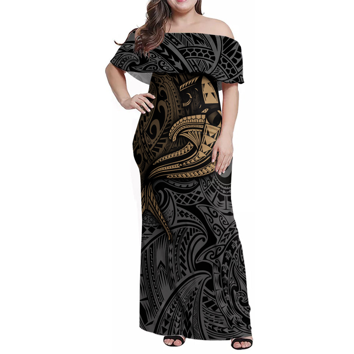 Polynesian Family Matching Off Shoulder Maxi Dress and Hawaiian Shirt Hammerhead Shark Tribal Pattern TS04 Mom's Dress Black Yellow - Polynesian Pride