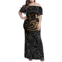 Polynesian Family Matching Off Shoulder Maxi Dress and Hawaiian Shirt Hammerhead Shark Tribal Pattern TS04 Mom's Dress Black Yellow - Polynesian Pride