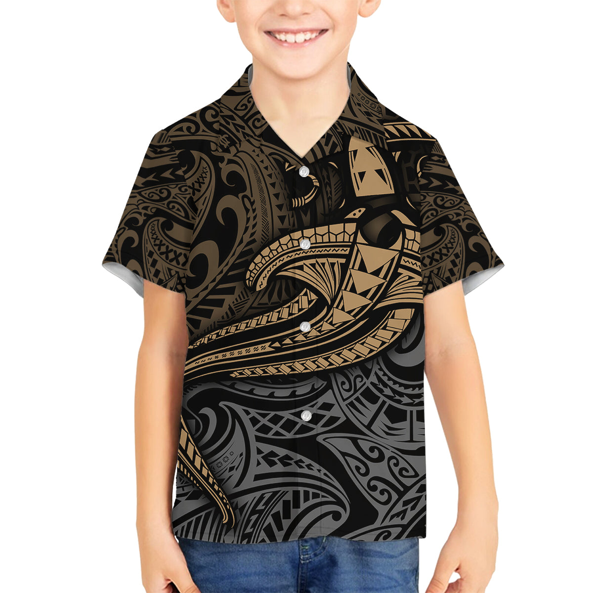 Polynesian Family Matching Off Shoulder Maxi Dress and Hawaiian Shirt Hammerhead Shark Tribal Pattern TS04 Son's Shirt Black Yellow - Polynesian Pride